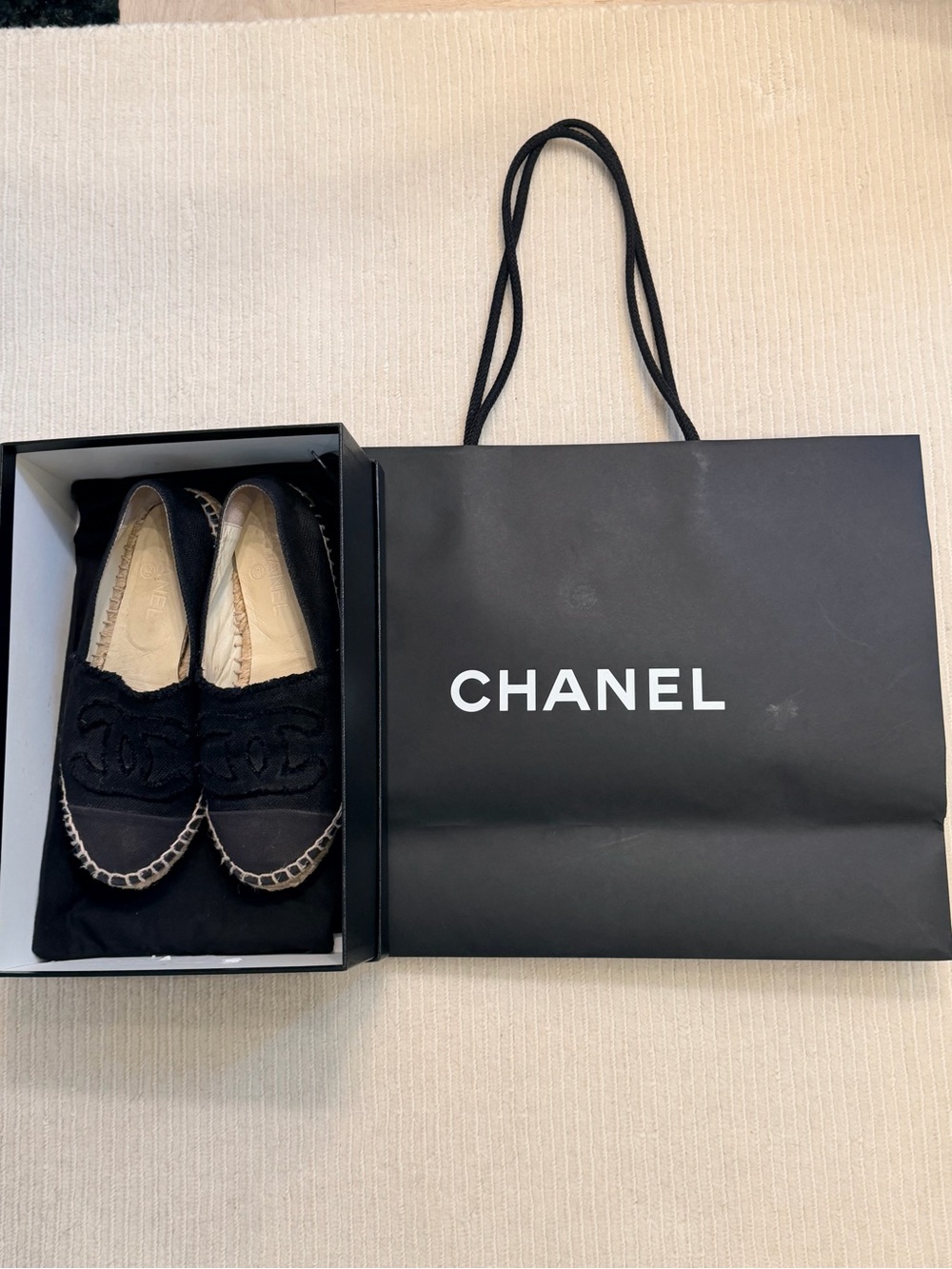 AUTHENTIC CHANEL Black Canvas Espadrilles